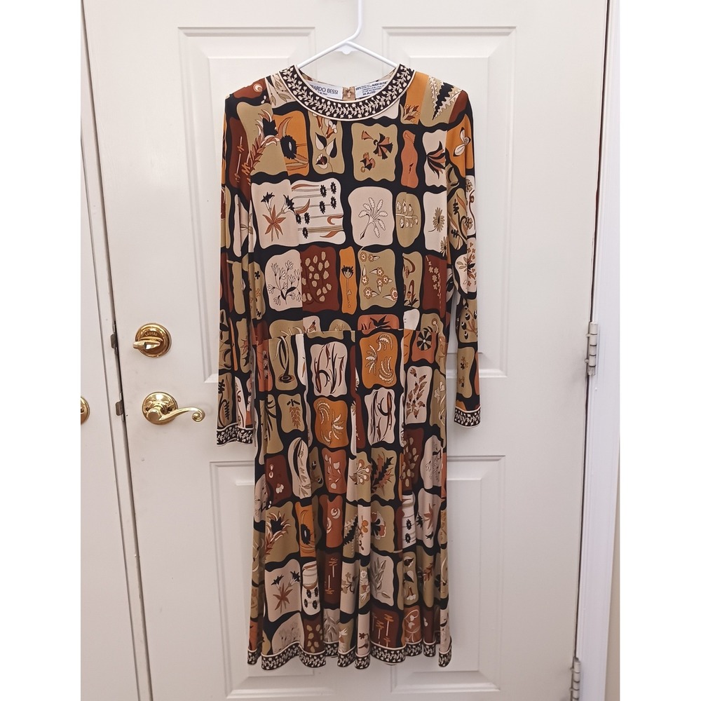 Averardo Bessi Vintage 100%‎ Silk Jersey Midi Dress Italy Floral Geometric Sz 14